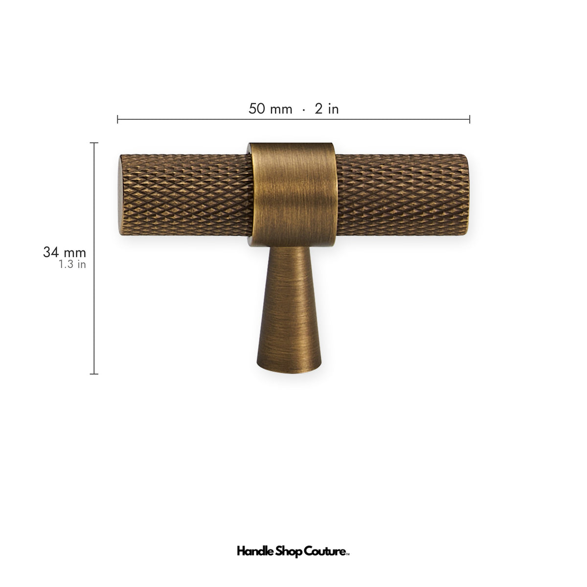 OPORTO knurled brass T-pull, 50mm, Antique Brass