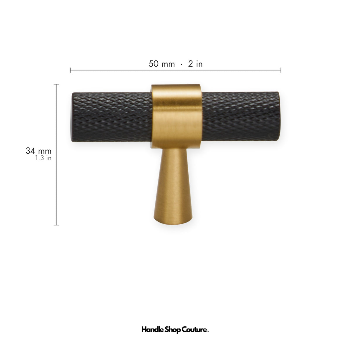 OPORTO knurled brass T-pull, 50mm, black knurled bar with Satin Brass posts