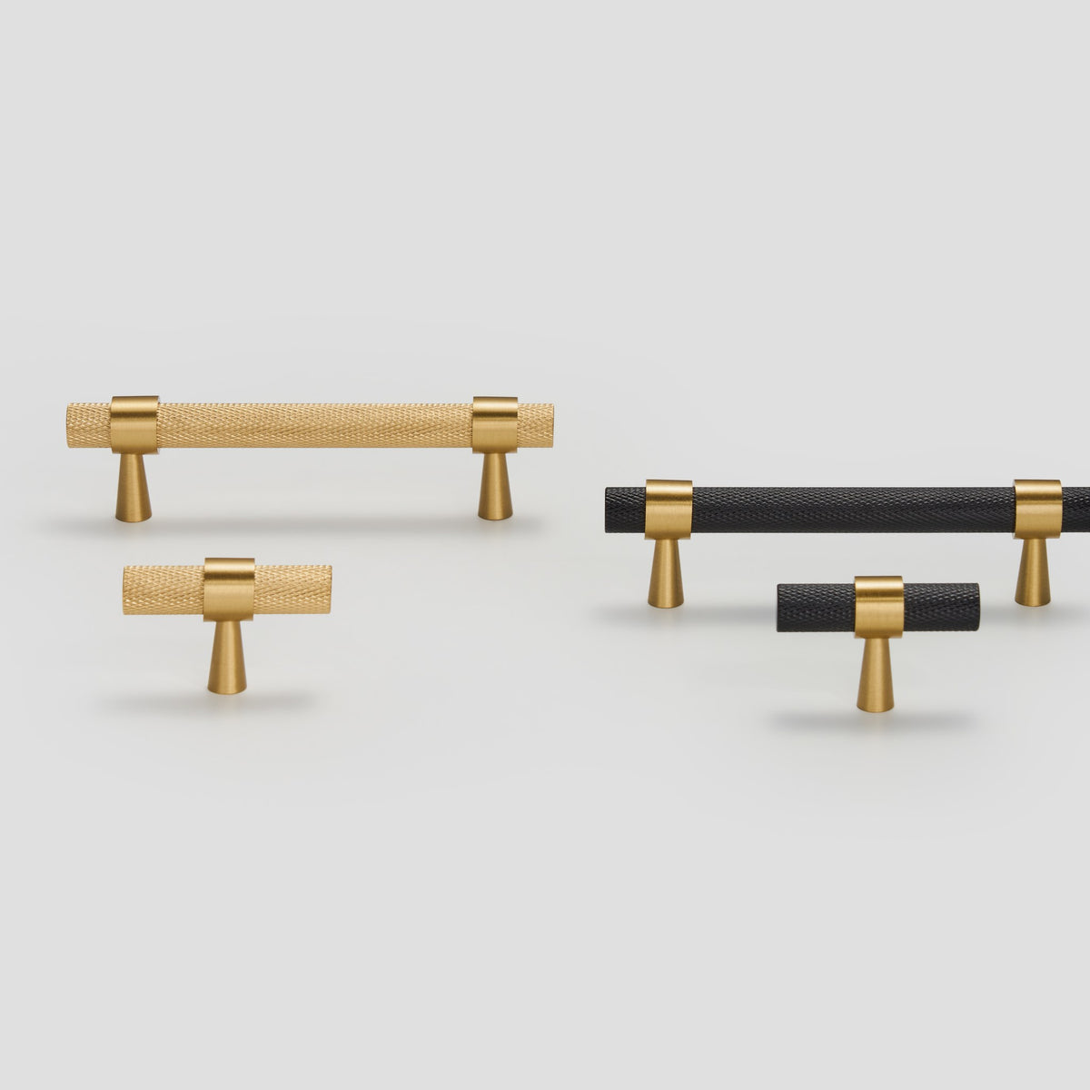 OPORTO knurled handles and T-pulls in Satin Brass and black with brass posts