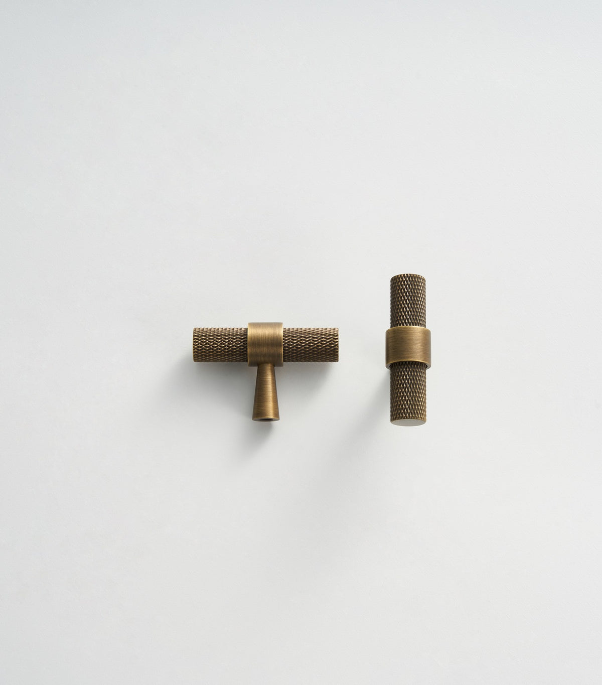 OPORTO knurled T-pulls in Antique Brass, front and side