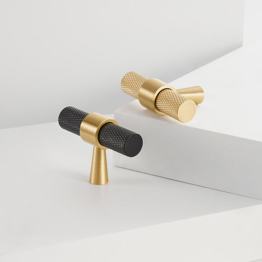 OPORTO knurled T-pulls in Satin Brass and black with brass post