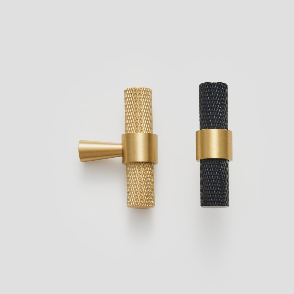 OPORTO knurled T-pulls in Satin Brass and black with brass post