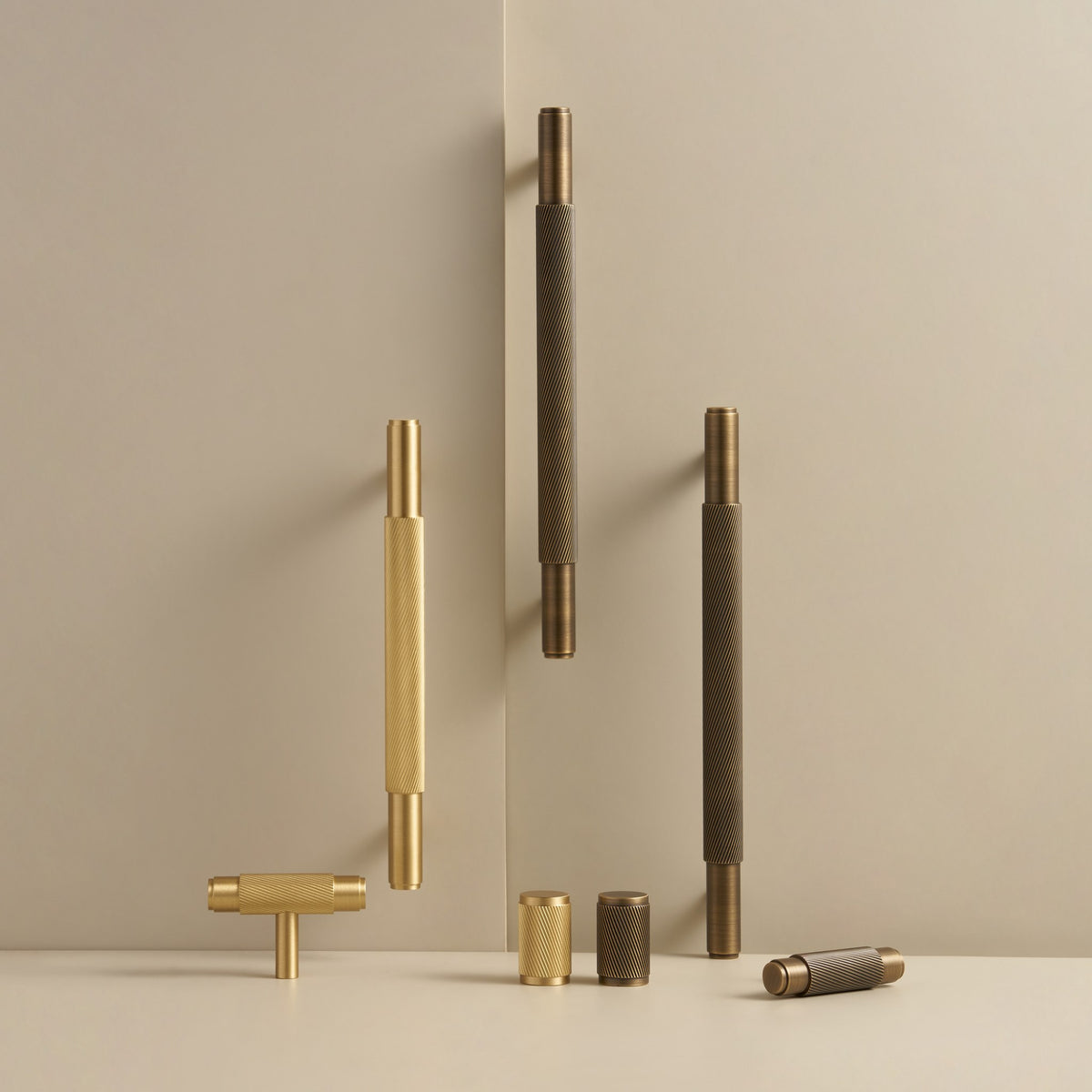 PALENCIA swirled knurl brass handles, T-pulls and knobs