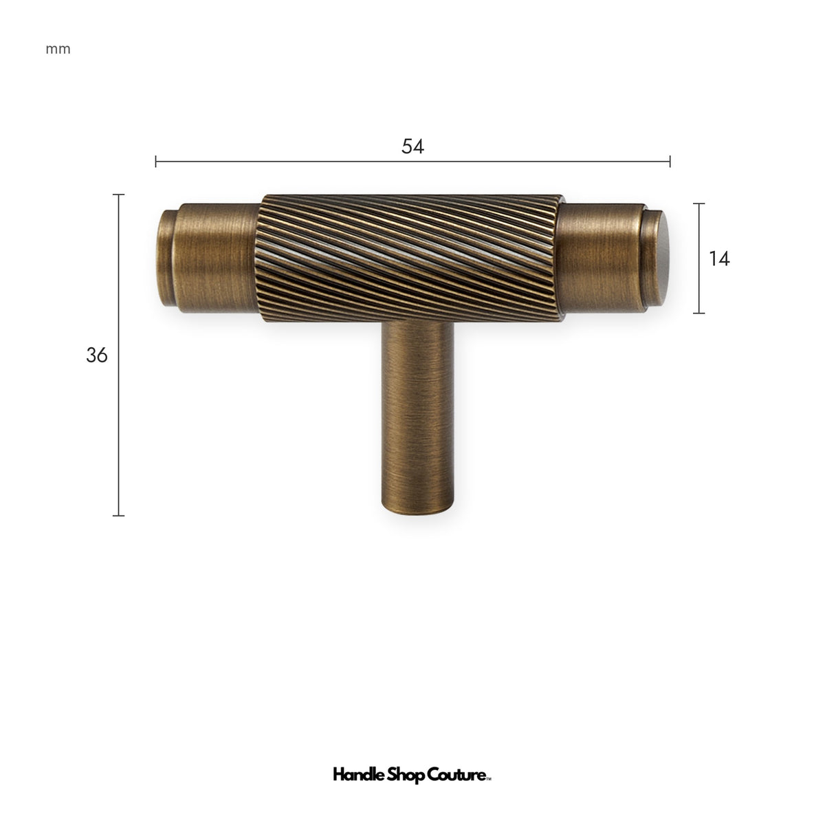 PALENCIA swirled knurl brass T-pull, 54mm, Antique Brass