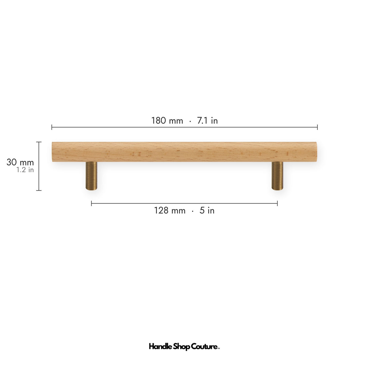 PILIO beech wood cabinet handle, 128mm hole-to-hole, Antique Brass posts