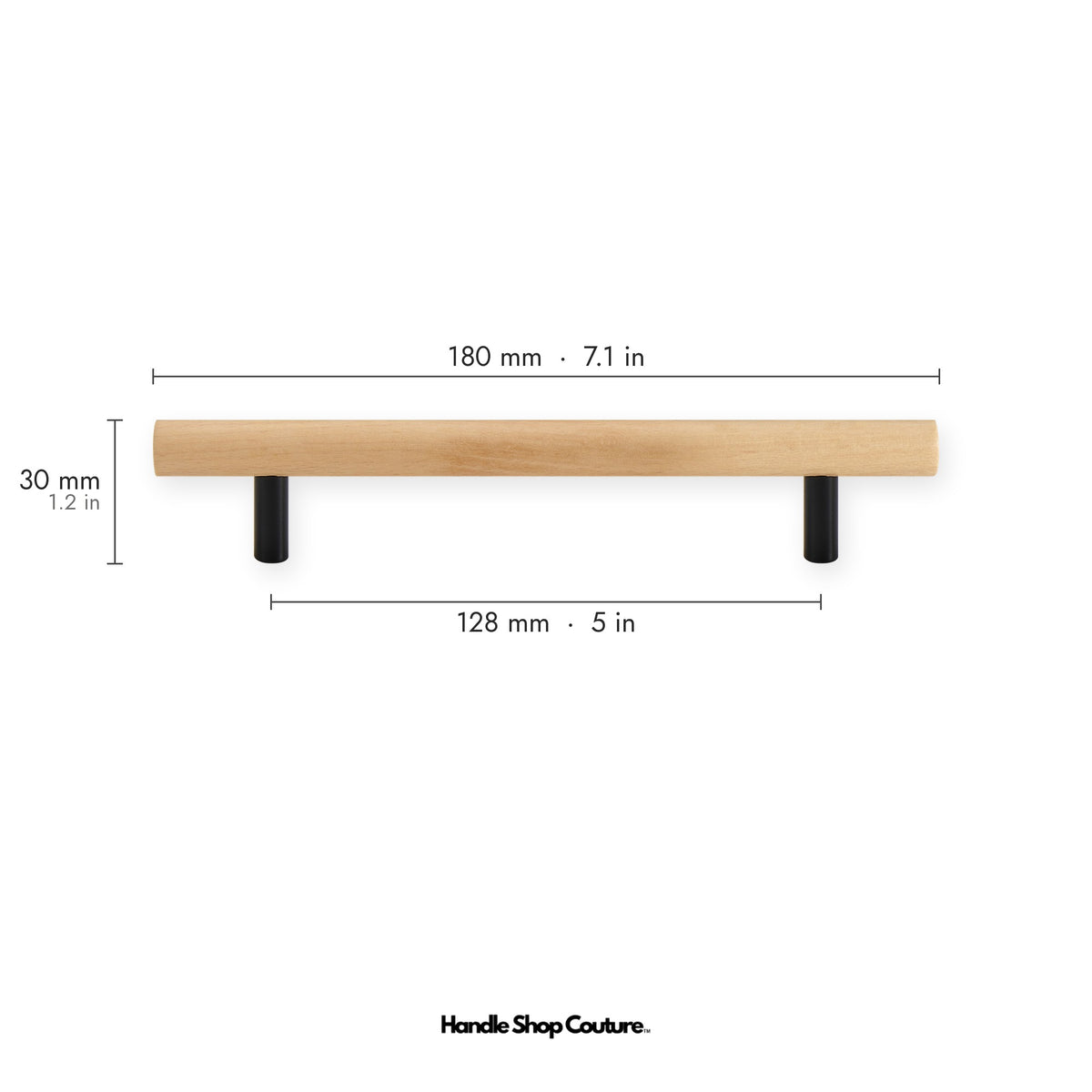 PILIO beech wood cabinet handle, 128mm hole-to-hole, Matte Black posts
