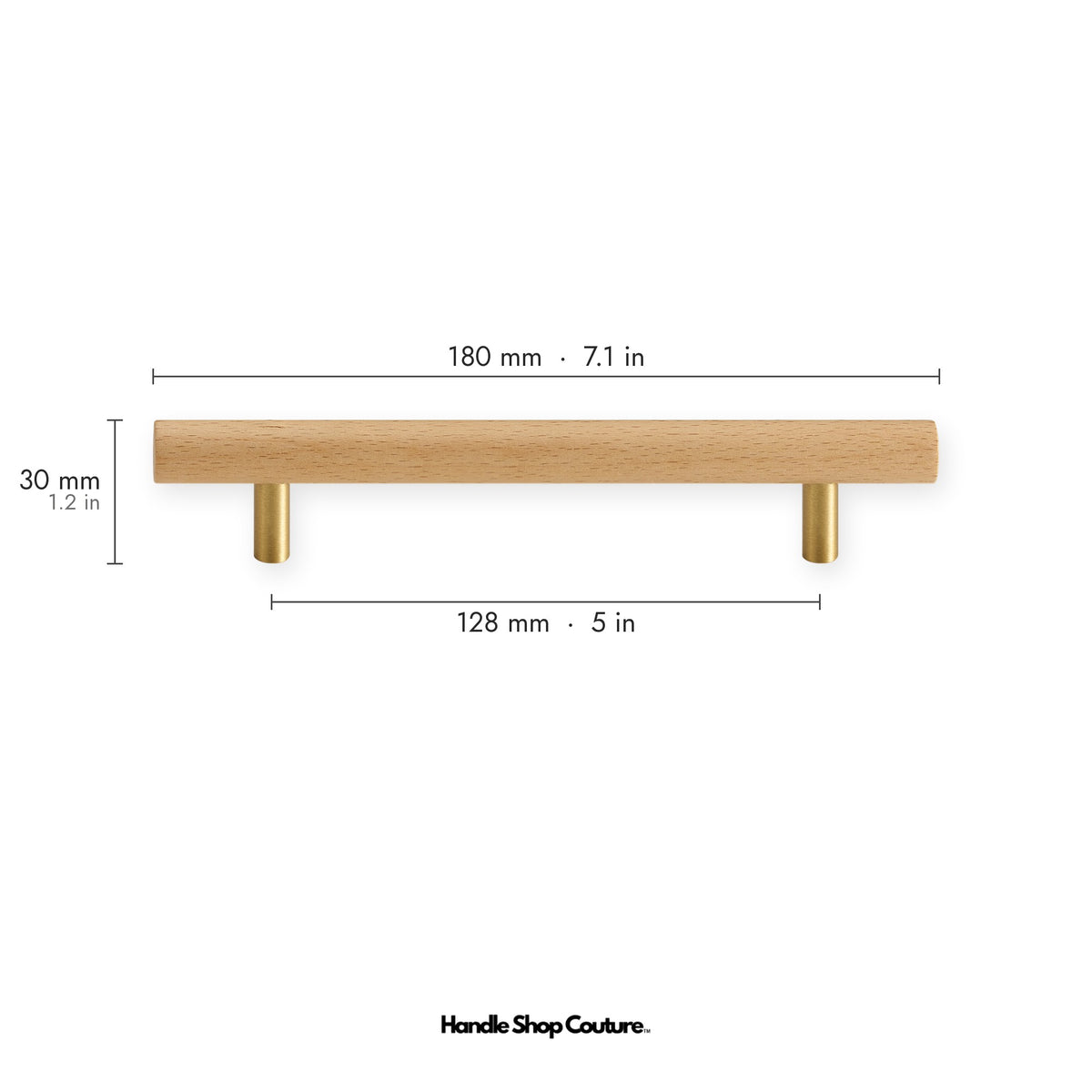 PILIO beech wood cabinet handle, 128mm hole-to-hole, Satin Brass posts
