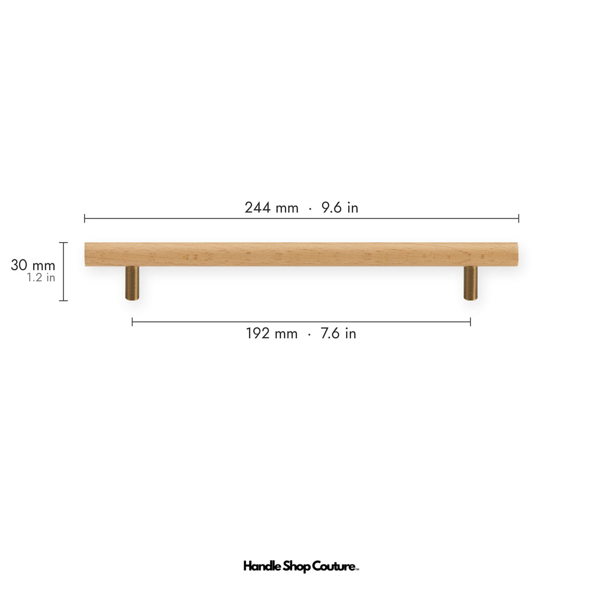 PILIO beech wood cabinet handle, 192mm hole-to-hole, Antique Brass posts