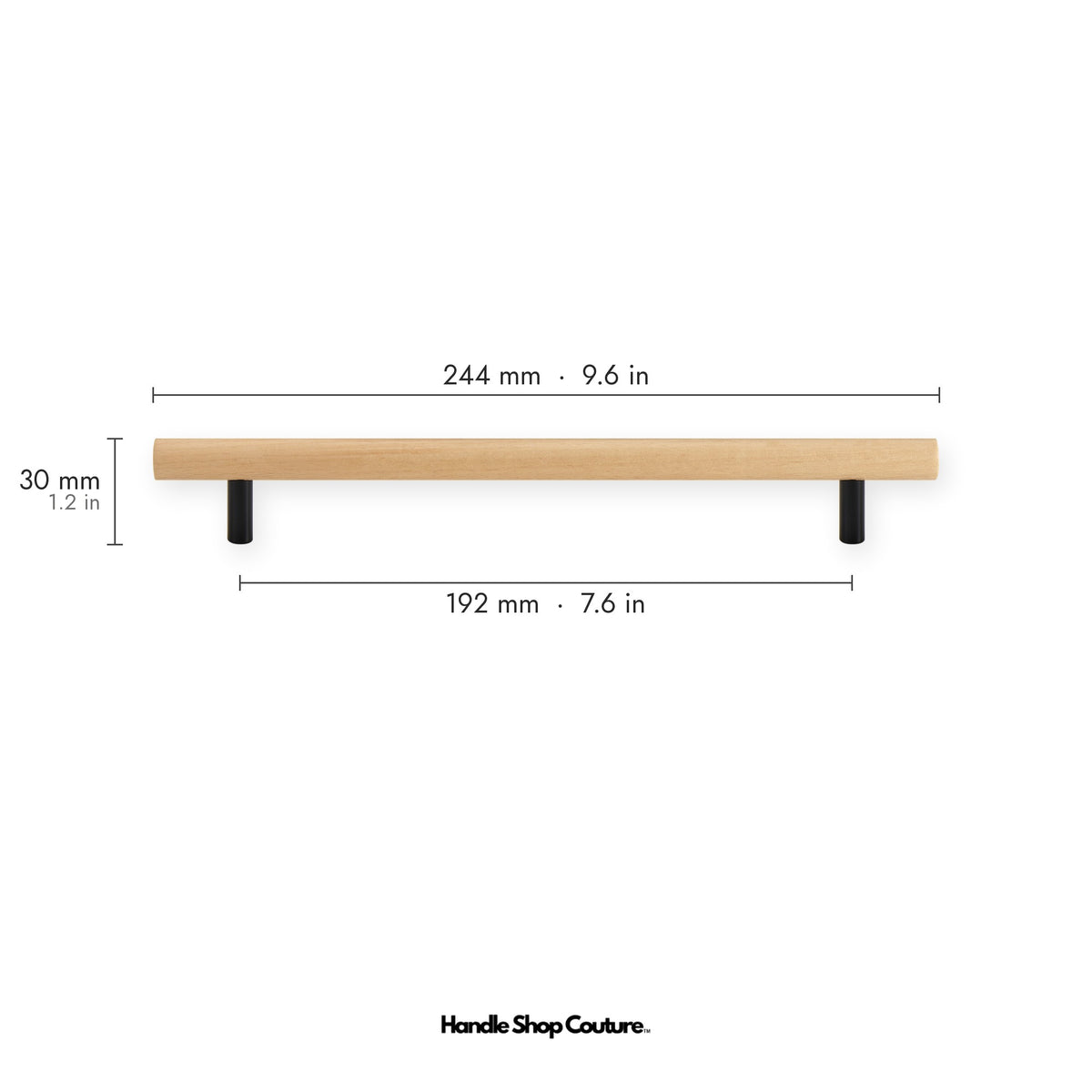 PILIO beech wood cabinet handle, 192mm hole-to-hole, Matte Black posts