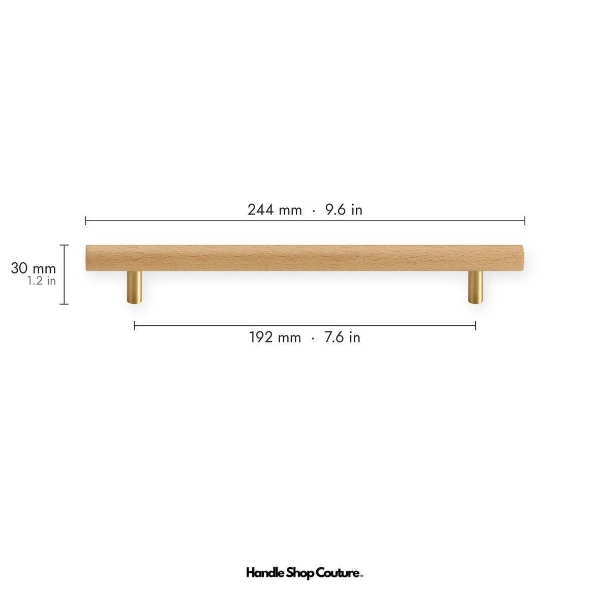 PILIO beech wood cabinet handle, 192mm hole-to-hole, Satin Brass posts