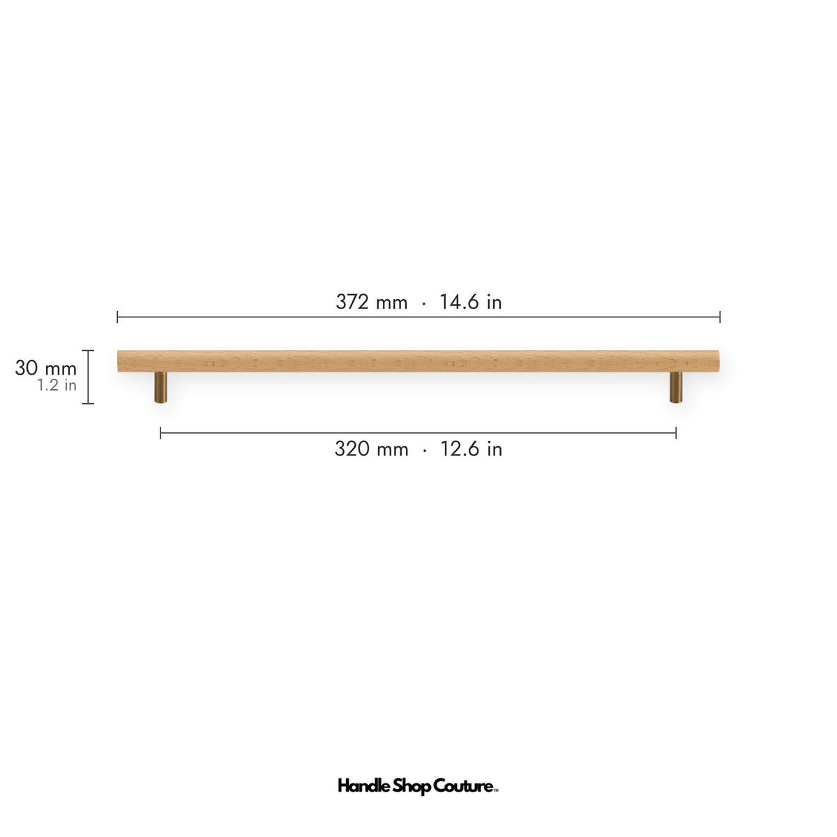 PILIO beech wood cabinet handle, 320mm hole-to-hole, Antique Brass posts