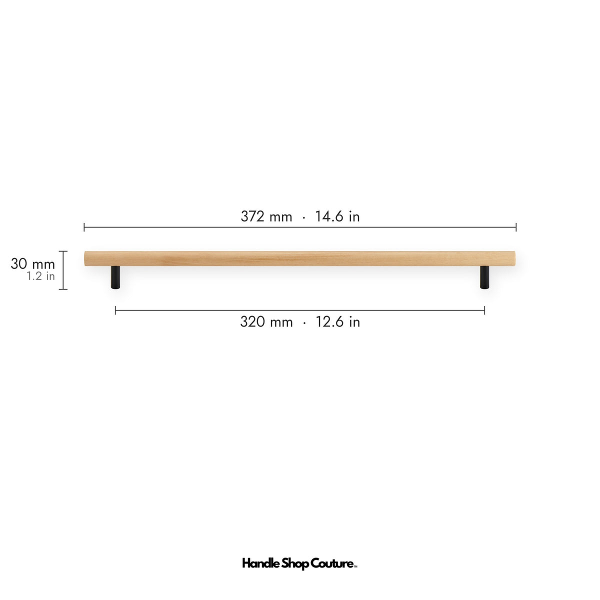 PILIO beech wood cabinet handle, 320mm hole-to-hole, Matte Black posts