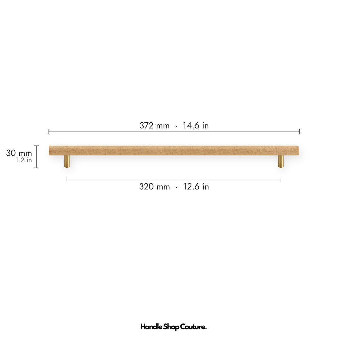 PILIO beech wood cabinet handle, 320mm hole-to-hole, Satin Brass posts