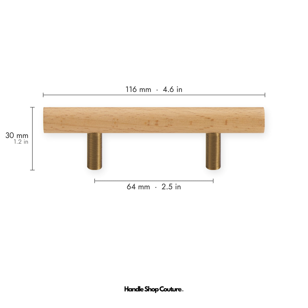 PILIO beech wood cabinet handle, 64mm hole-to-hole, Antique Brass posts