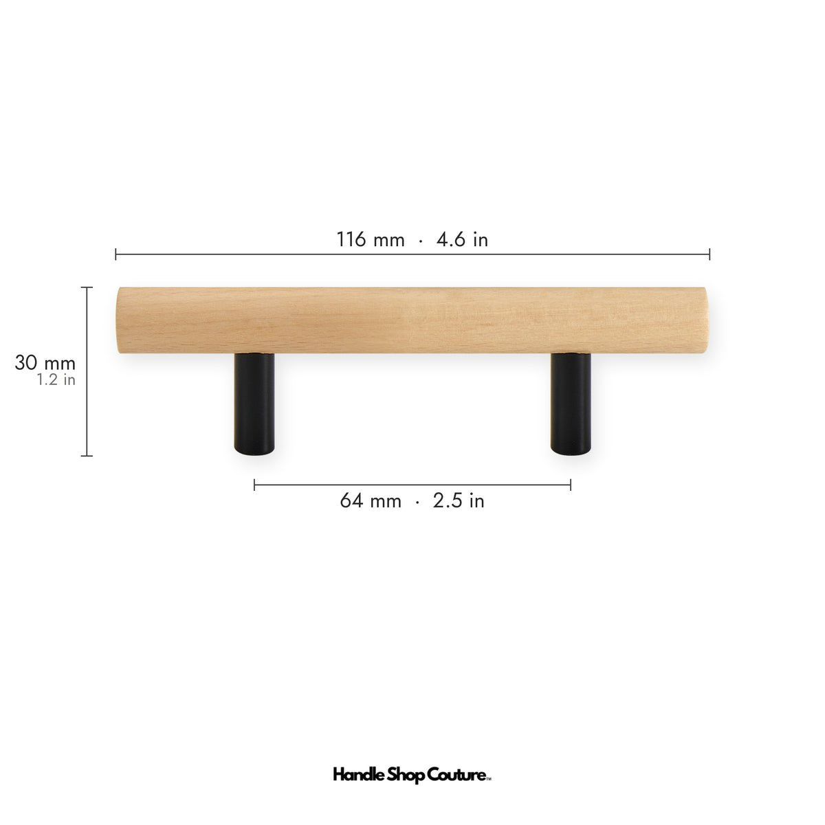 PILIO beech wood cabinet handle, 64mm hole-to-hole, Matte Black posts