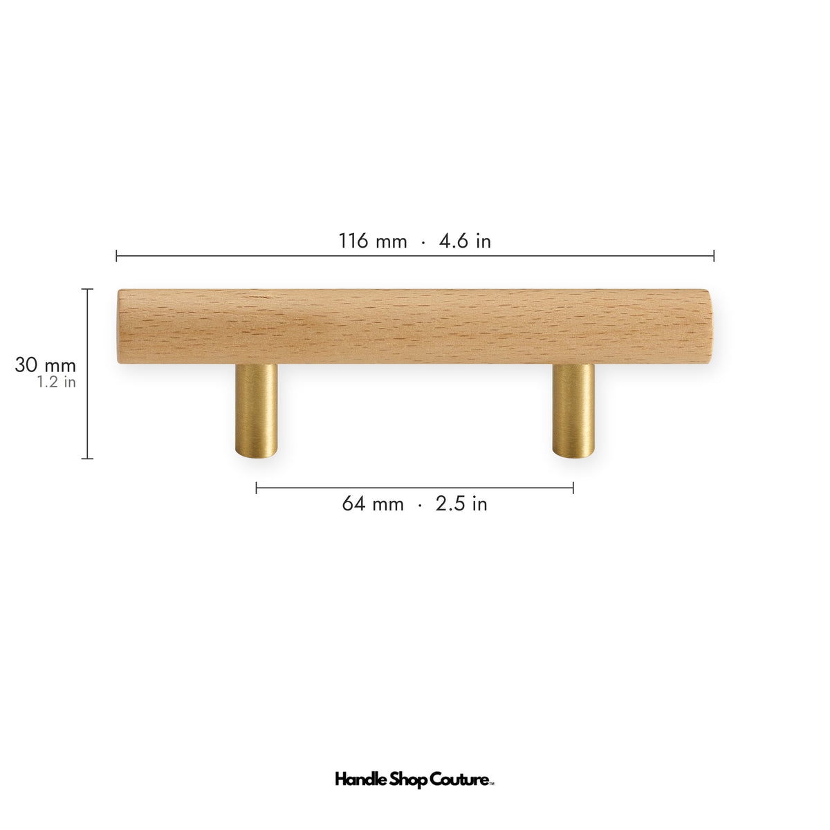 PILIO beech wood cabinet handle, 64mm hole-to-hole, Satin Brass posts