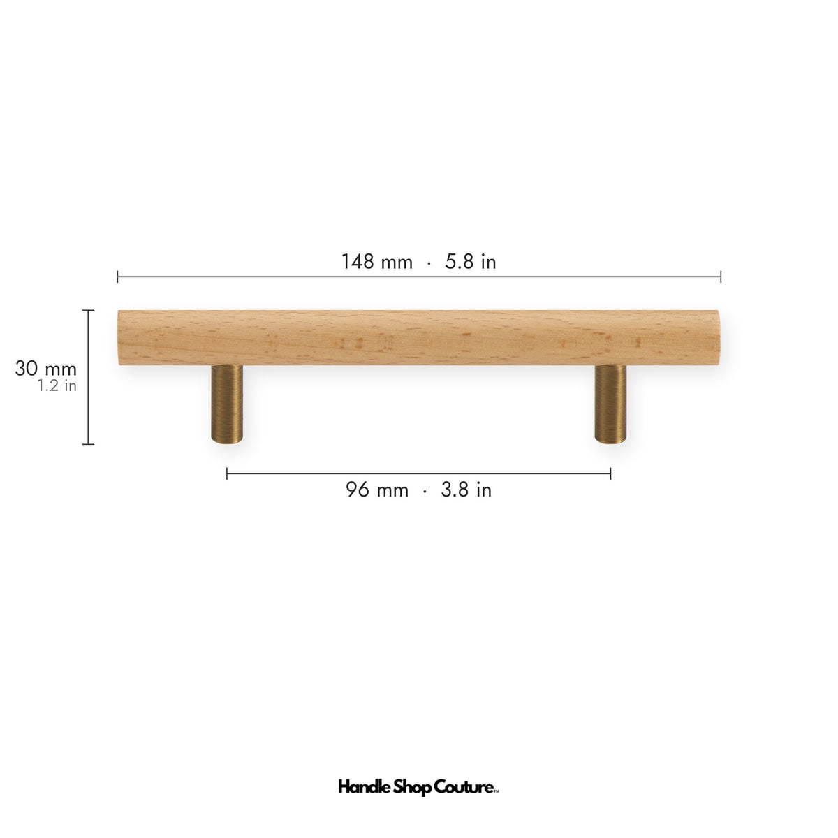 PILIO beech wood cabinet handle, 96mm hole-to-hole, Antique Brass posts
