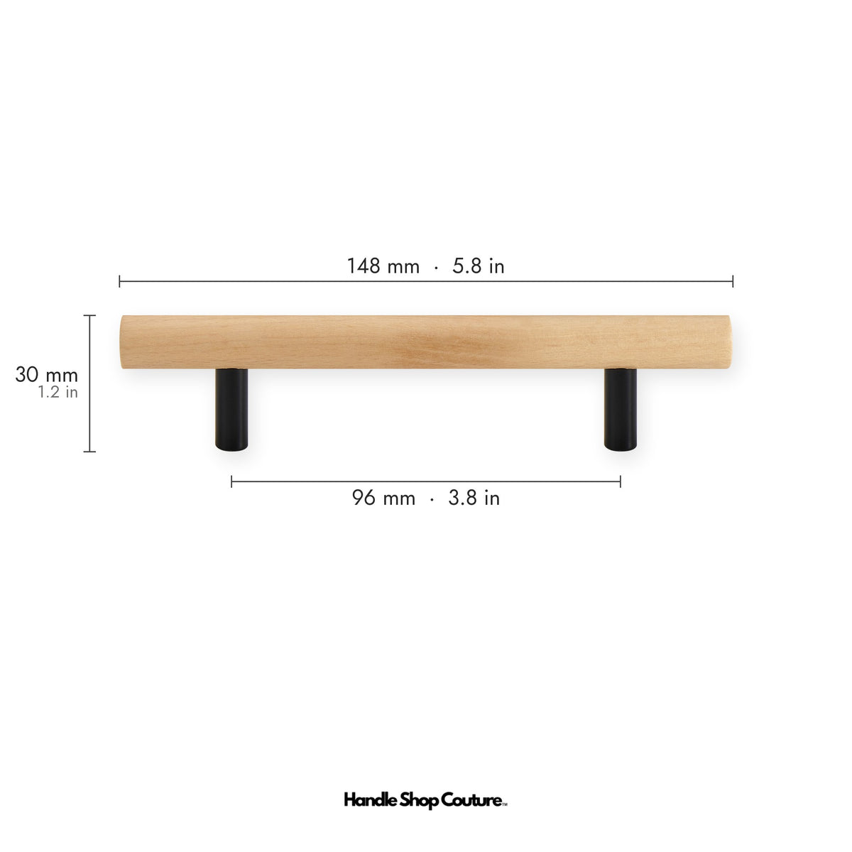 PILIO beech wood cabinet handle, 96mm hole-to-hole, Matte Black posts