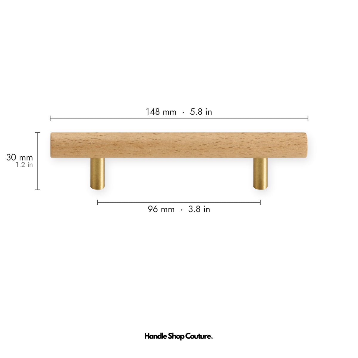 PILIO beech wood cabinet handle, 96mm hole-to-hole, Satin Brass posts
