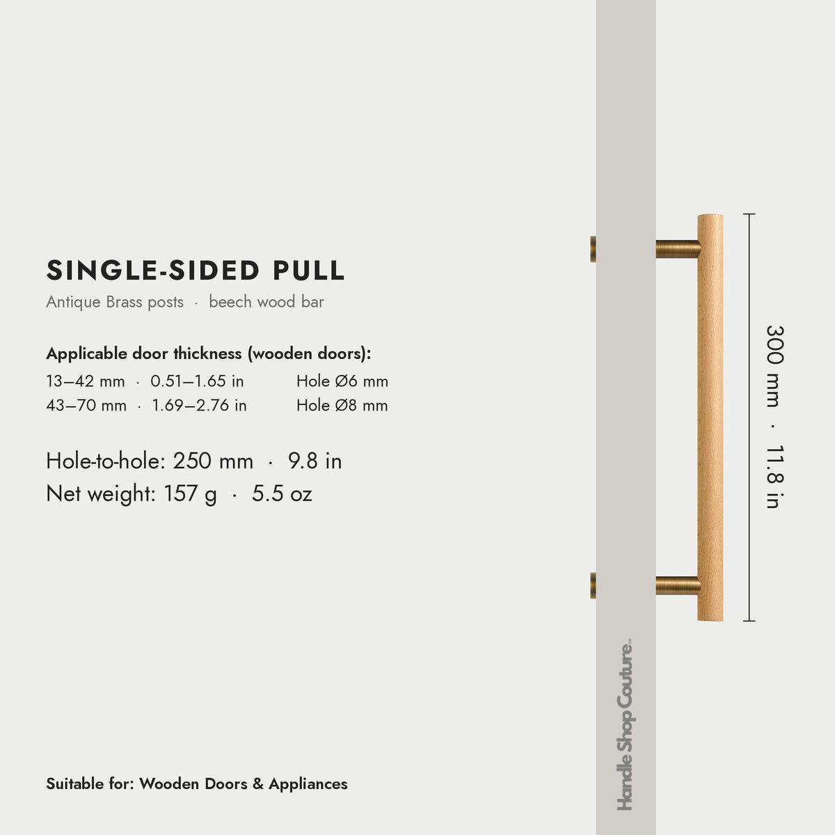 PILIO beech wood door pull, 300mm, Antique Brass, single-sided
