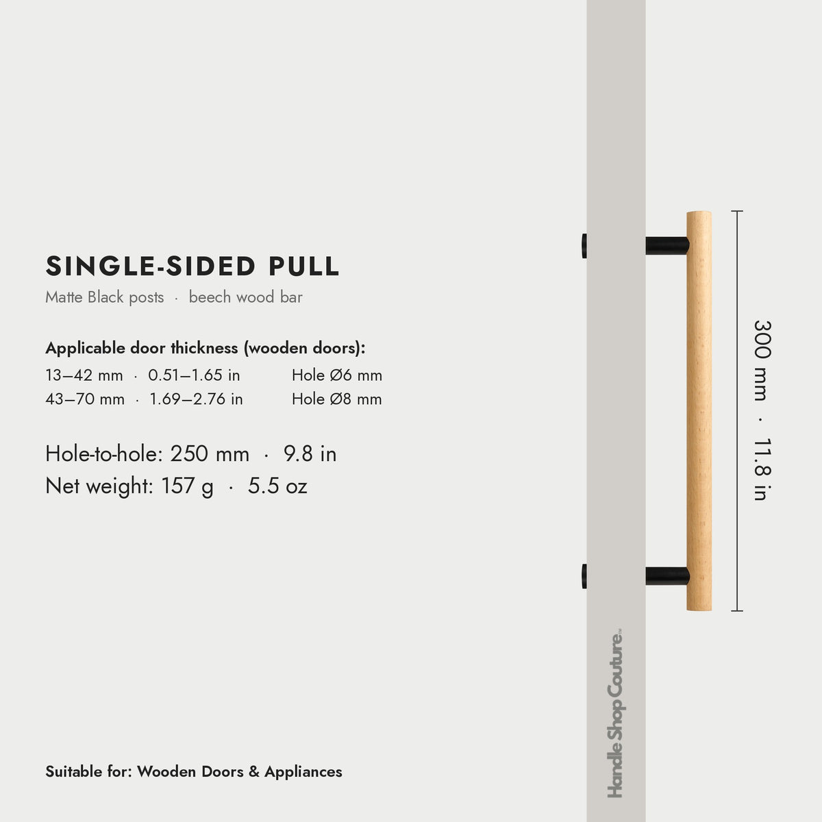 PILIO beech wood door pull, 300mm, Matte Black, single-sided