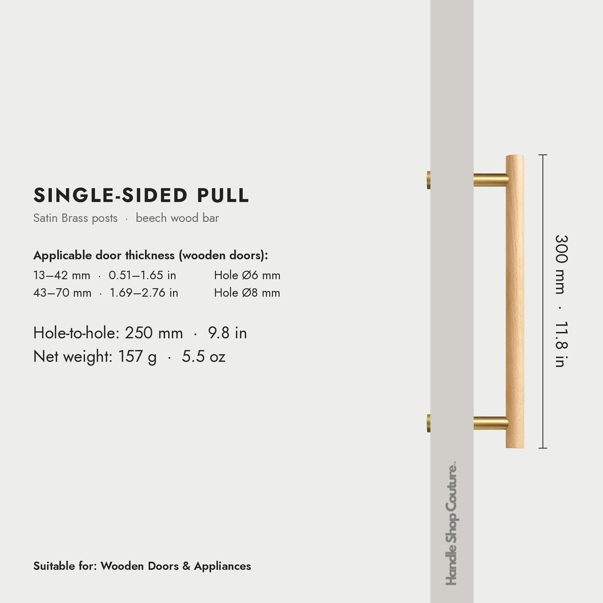 PILIO beech wood door pull, 300mm, Satin Brass, single-sided
