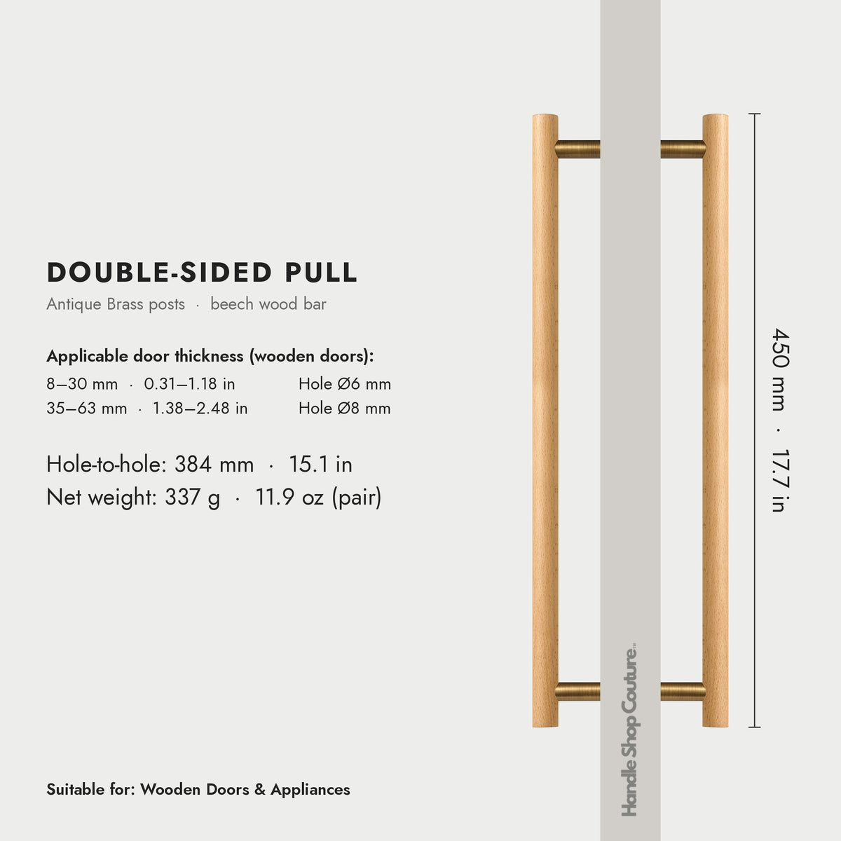 PILIO beech wood door pull, 450mm, Antique Brass, double-sided pair