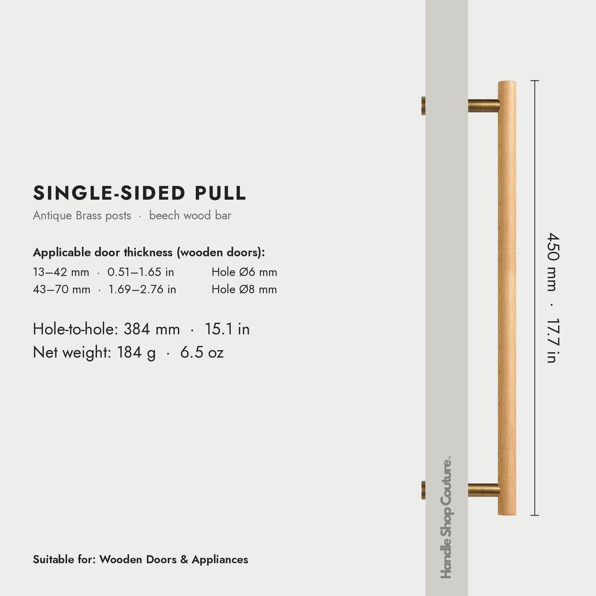 PILIO beech wood door pull, 450mm, Antique Brass, single-sided