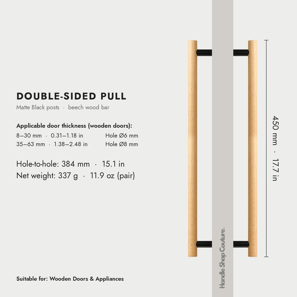 PILIO beech wood door pull, 450mm, Matte Black, double-sided pair