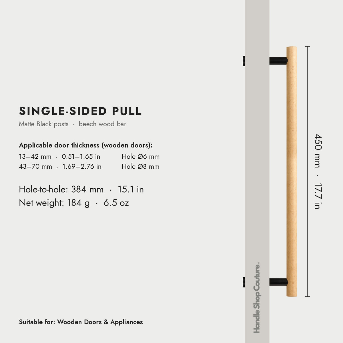 PILIO beech wood door pull, 450mm, Matte Black, single-sided