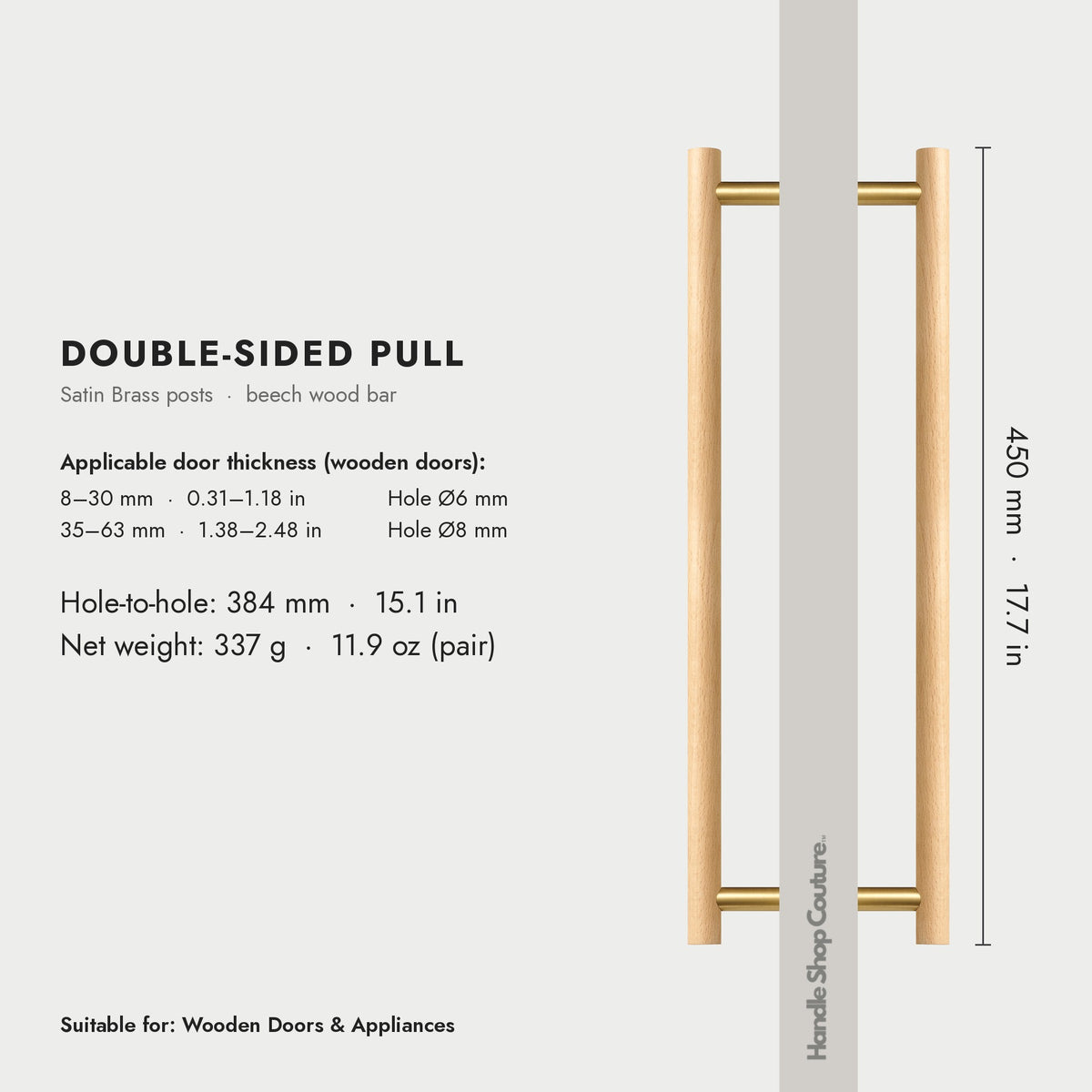 PILIO beech wood door pull, 450mm, Satin Brass, double-sided pair