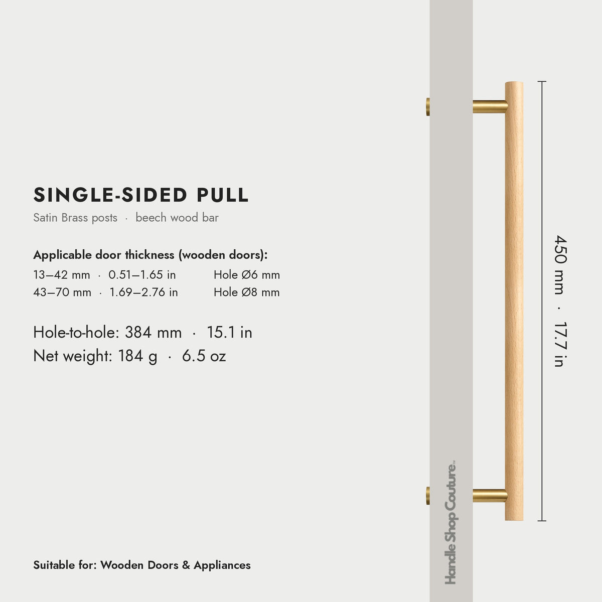 PILIO beech wood door pull, 450mm, Satin Brass, single-sided