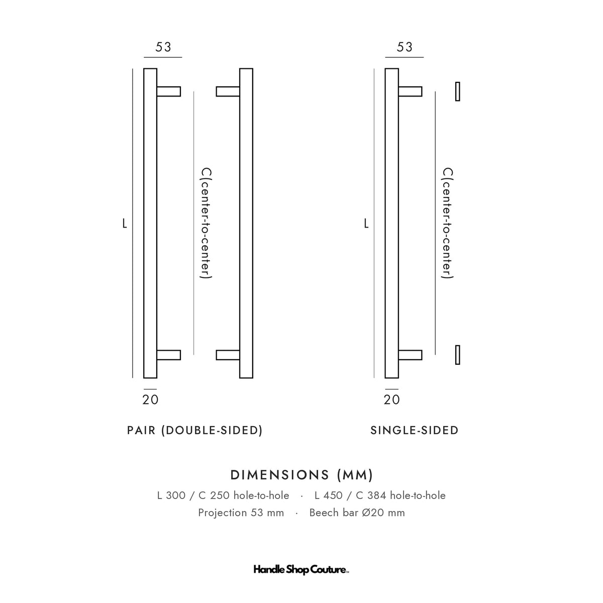 PILIO door pull dimensions: 300 or 450mm long, 53mm projection