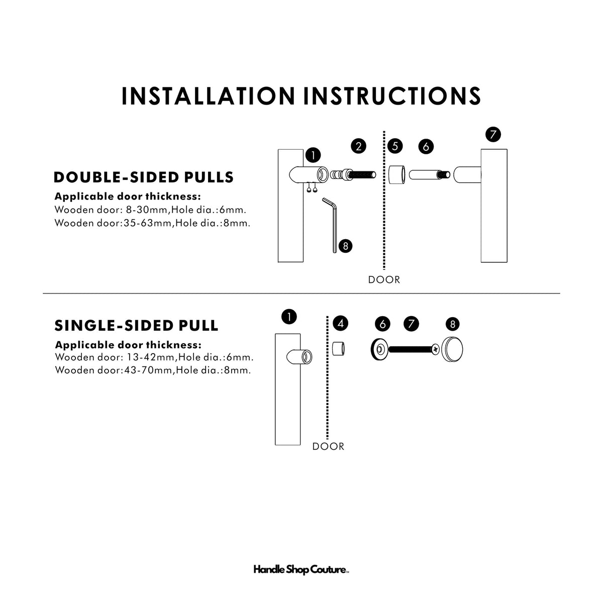 PILIO door pull installation for double-sided and single-sided fitting