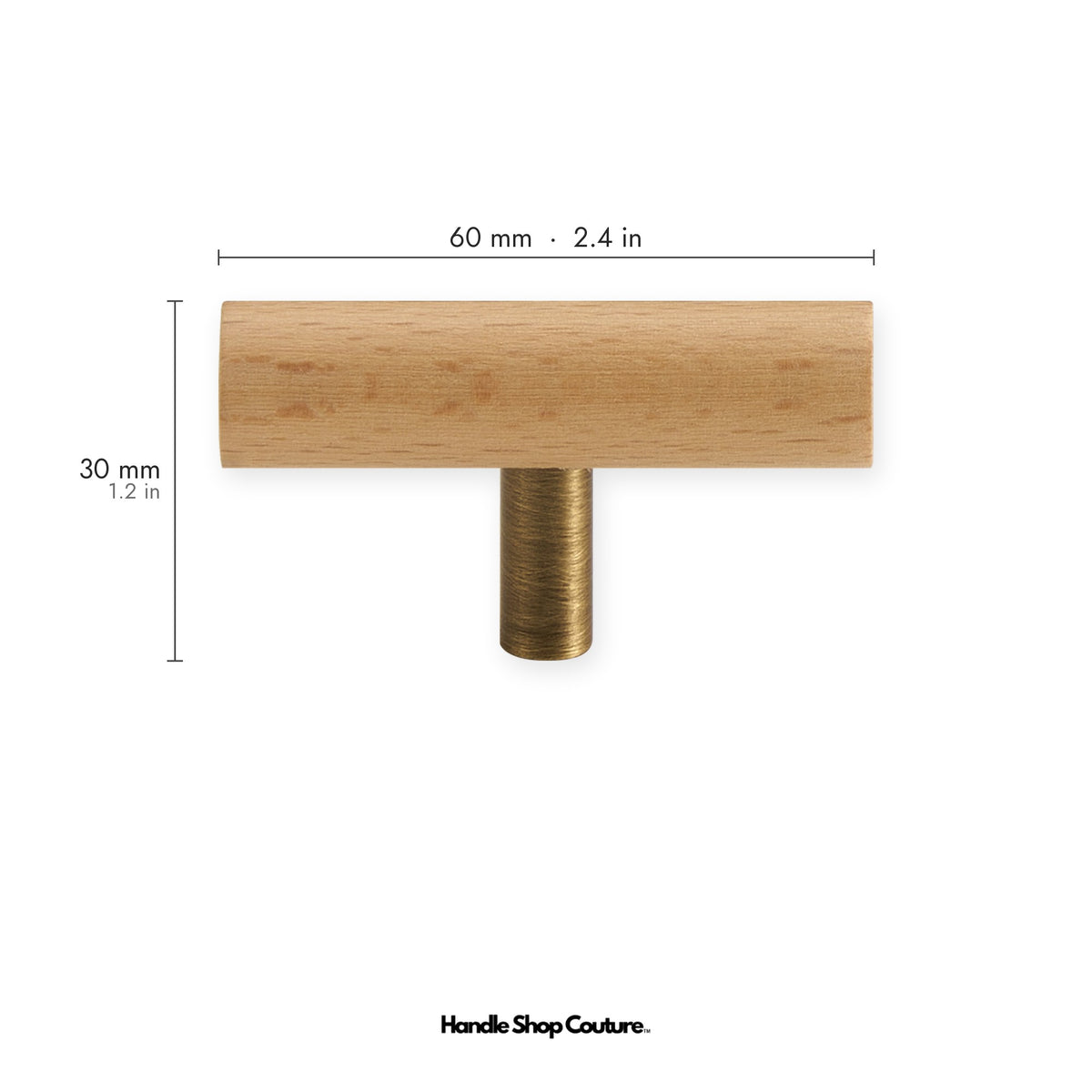PILIO beech wood T-pull, 60mm, Antique Brass post
