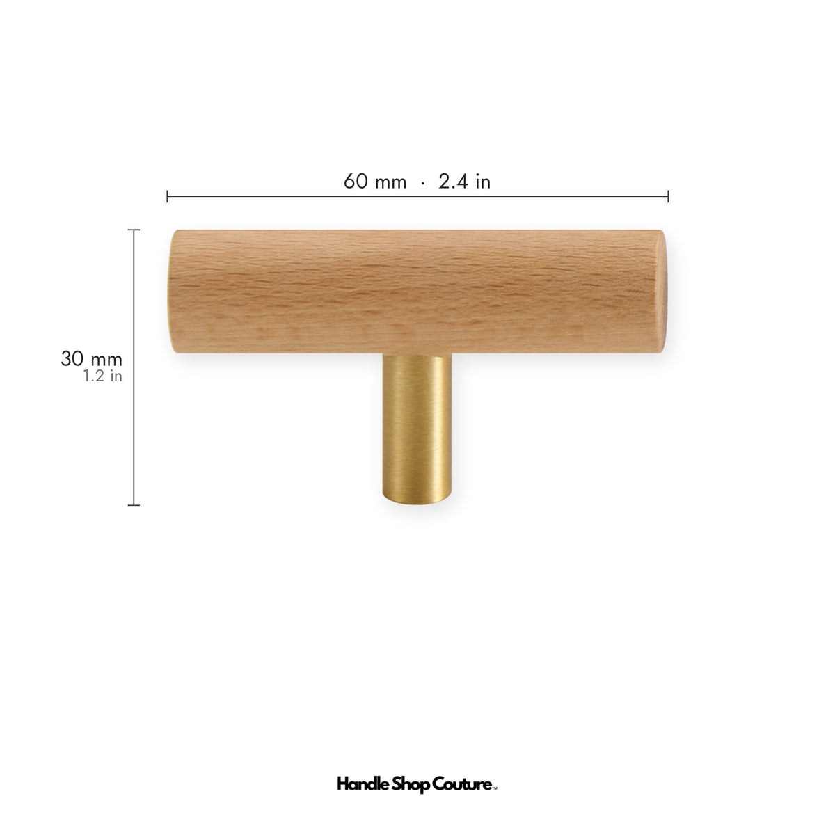 PILIO beech wood T-pull, 60mm, Satin Brass post