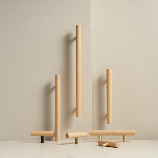 PILIO beech wood handles and T-pulls standing in a studio scene