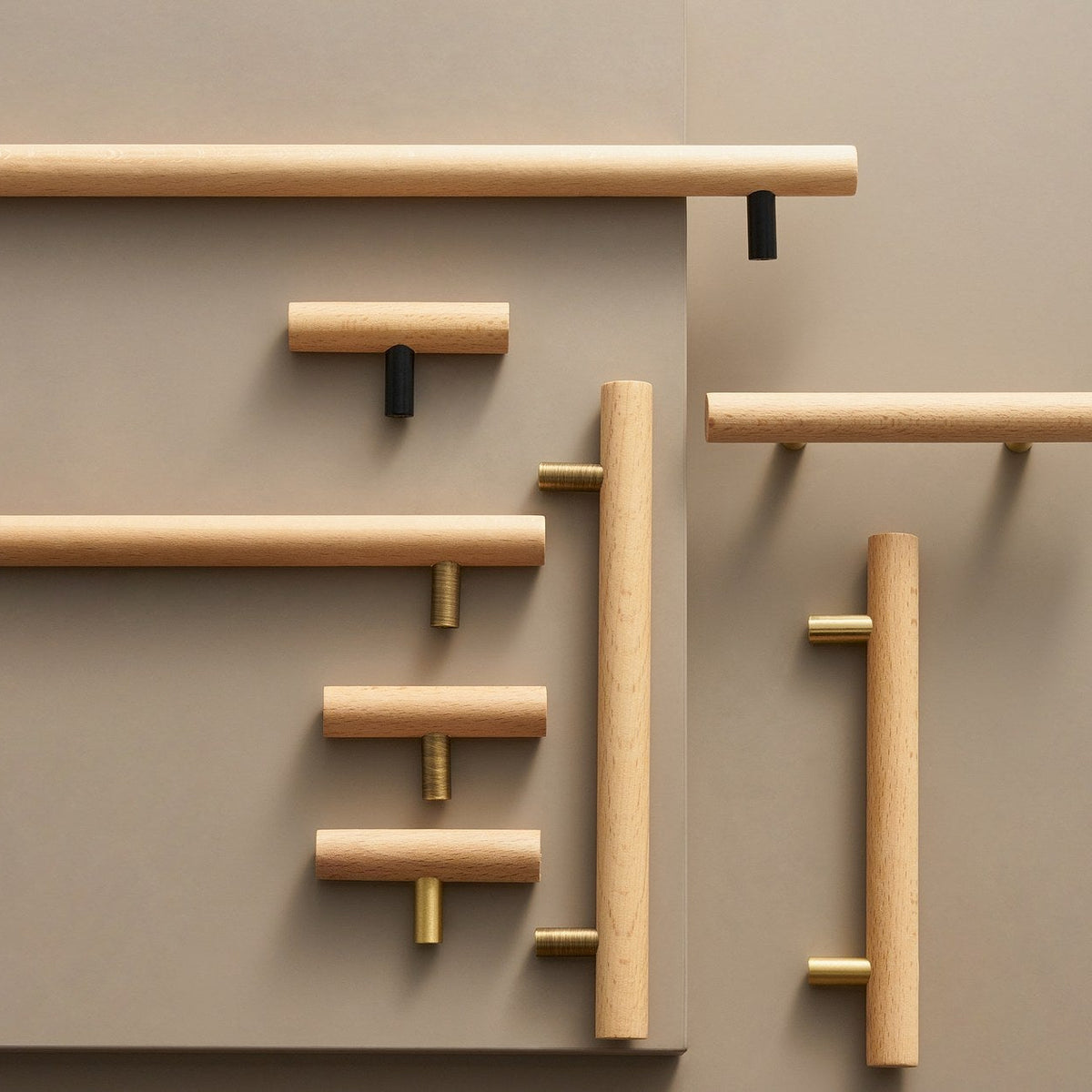 PILIO beech wood cabinet handles and T-pulls in every size, brass and black posts