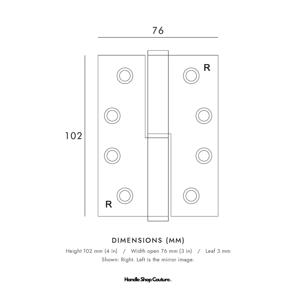 SYROS lift-off hinge dimensions: 102 x 76 x 3 mm