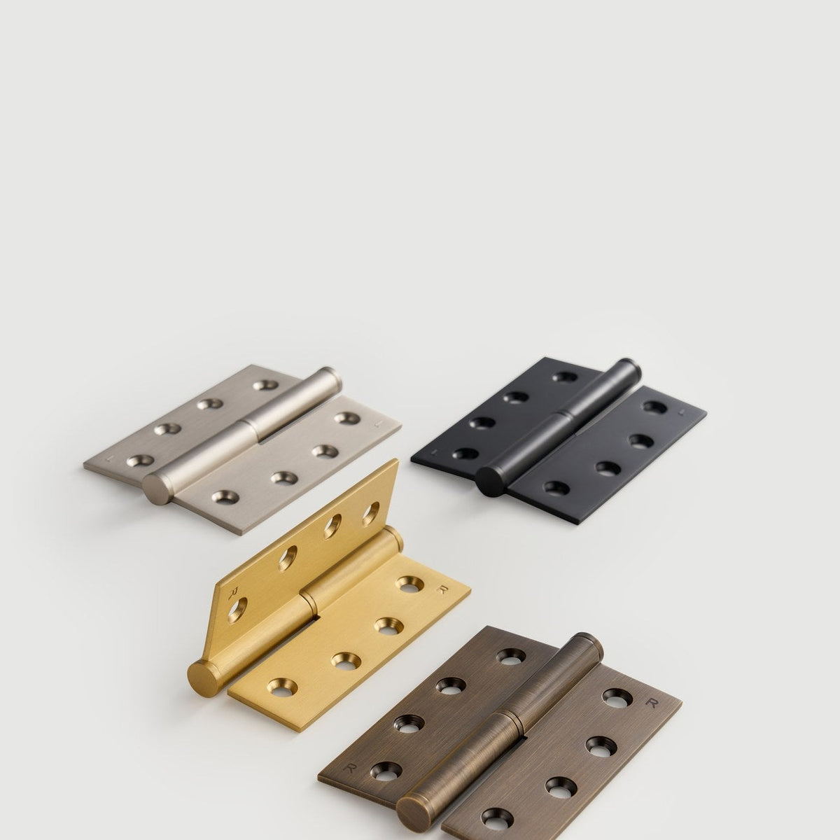 SYROS lift-off hinges in Satin Brass, Antique Brass, Matte Black and Brushed Nickel