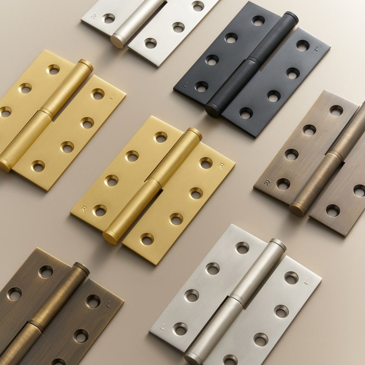 SYROS lift-off hinges flat lay, all finishes