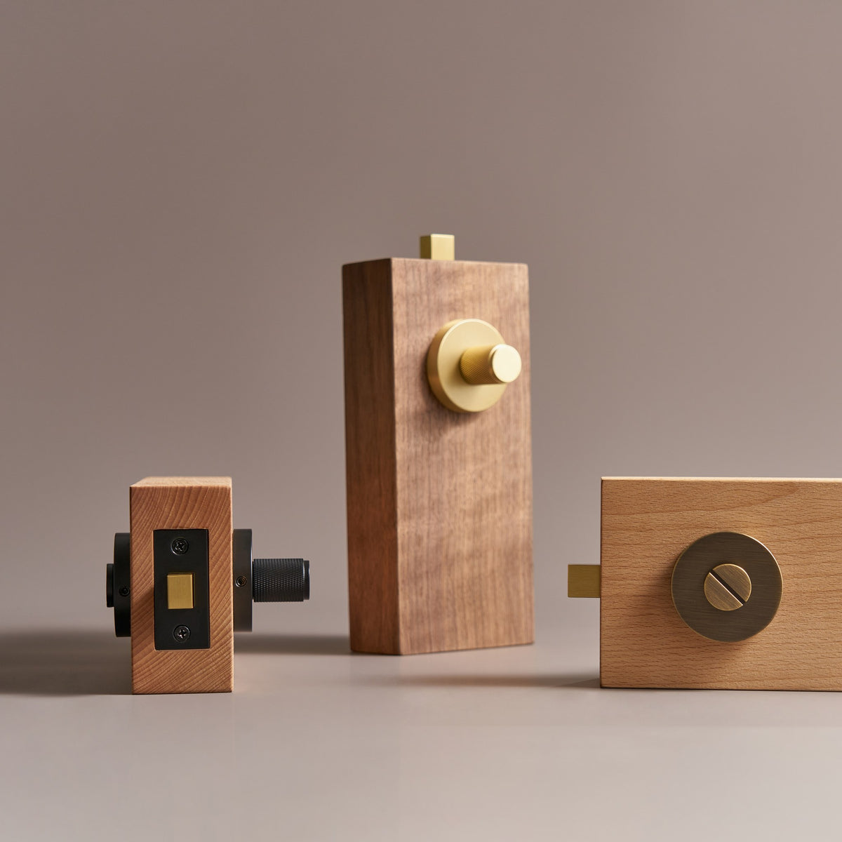 TINOS diamond knurled brass thumbturns on wood door samples