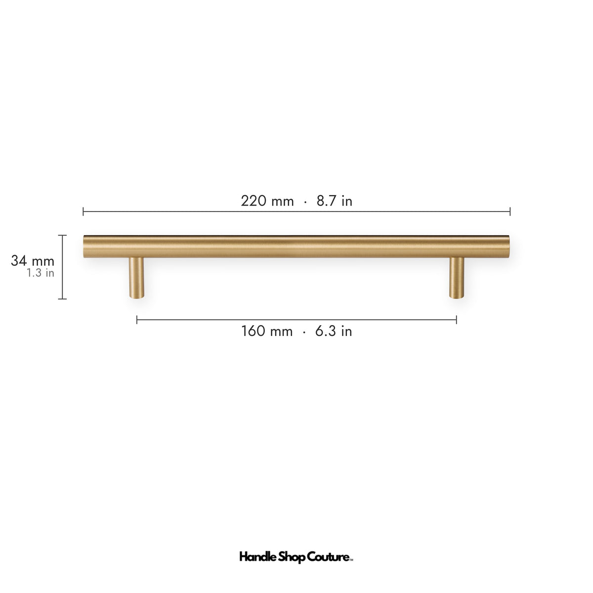 TRACY brass cabinet handle, 220mm long, 160mm hole-to-hole, Satin Brass