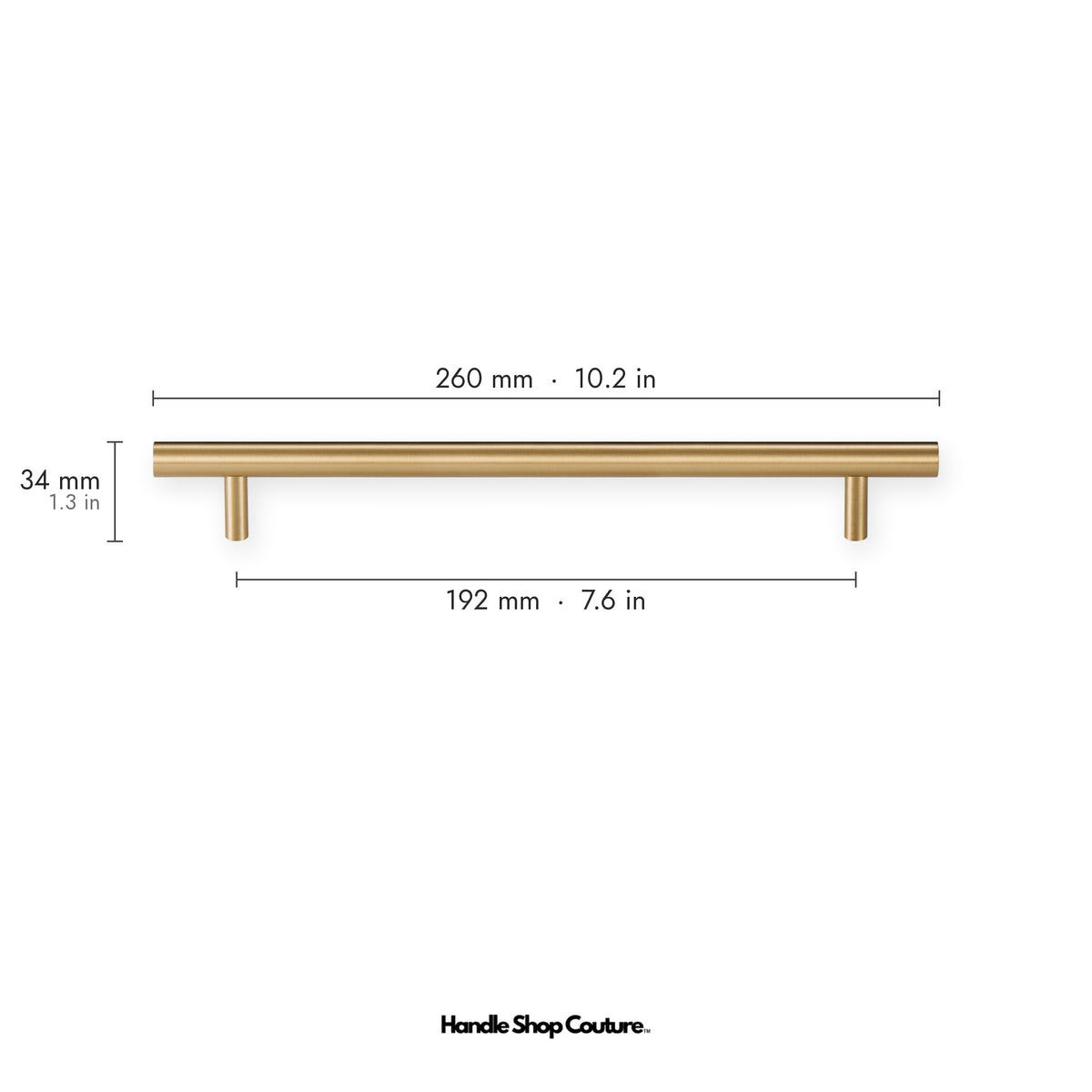 TRACY brass cabinet handle, 260mm long, 192mm hole-to-hole, Satin Brass