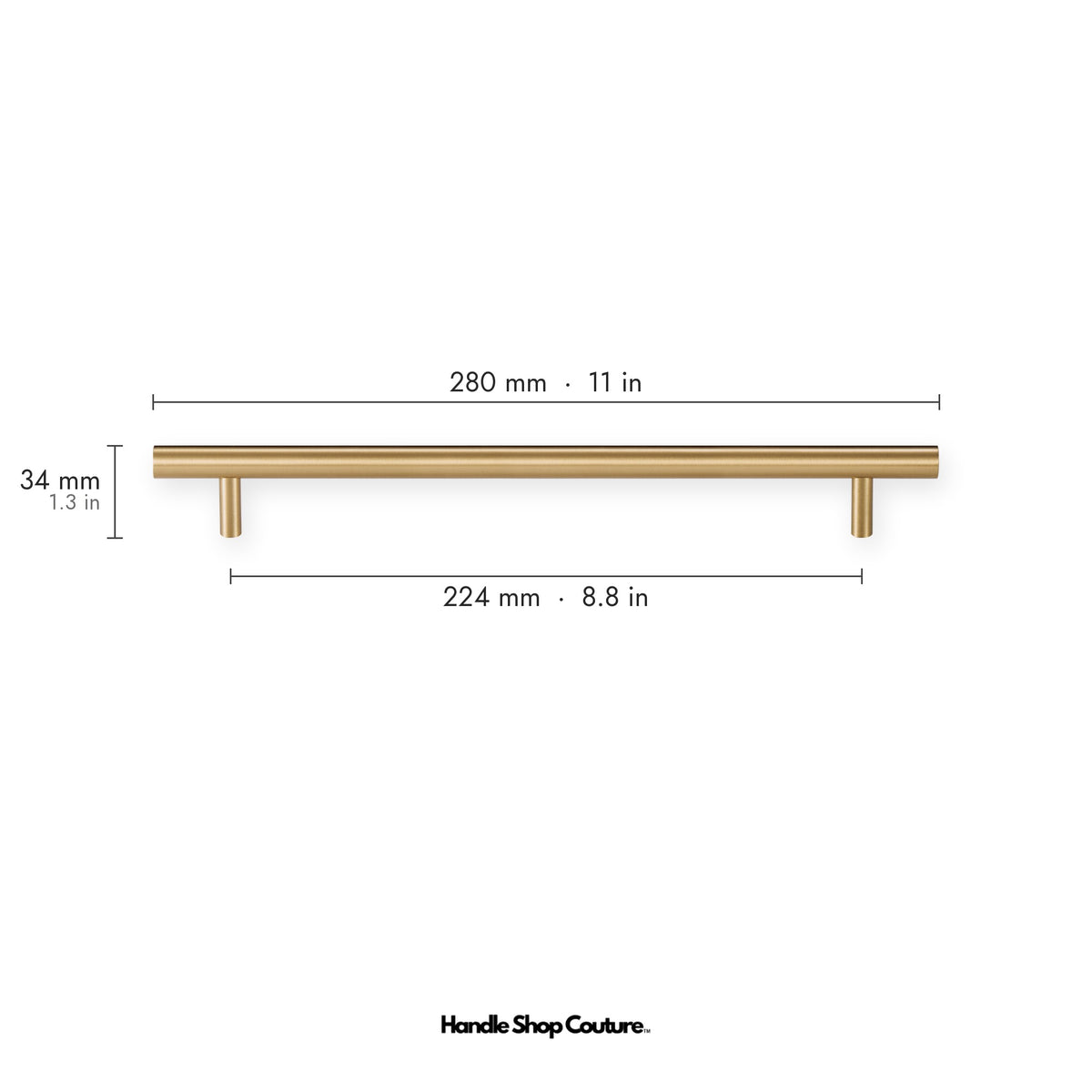 TRACY brass cabinet handle, 280mm long, 224mm hole-to-hole, Satin Brass
