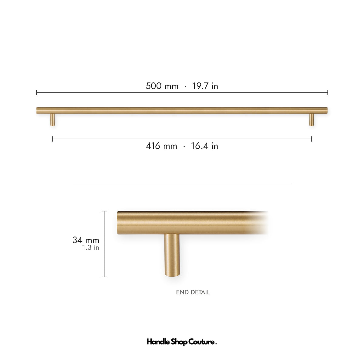TRACY brass cabinet handle, 500mm long, 416mm hole-to-hole, Satin Brass