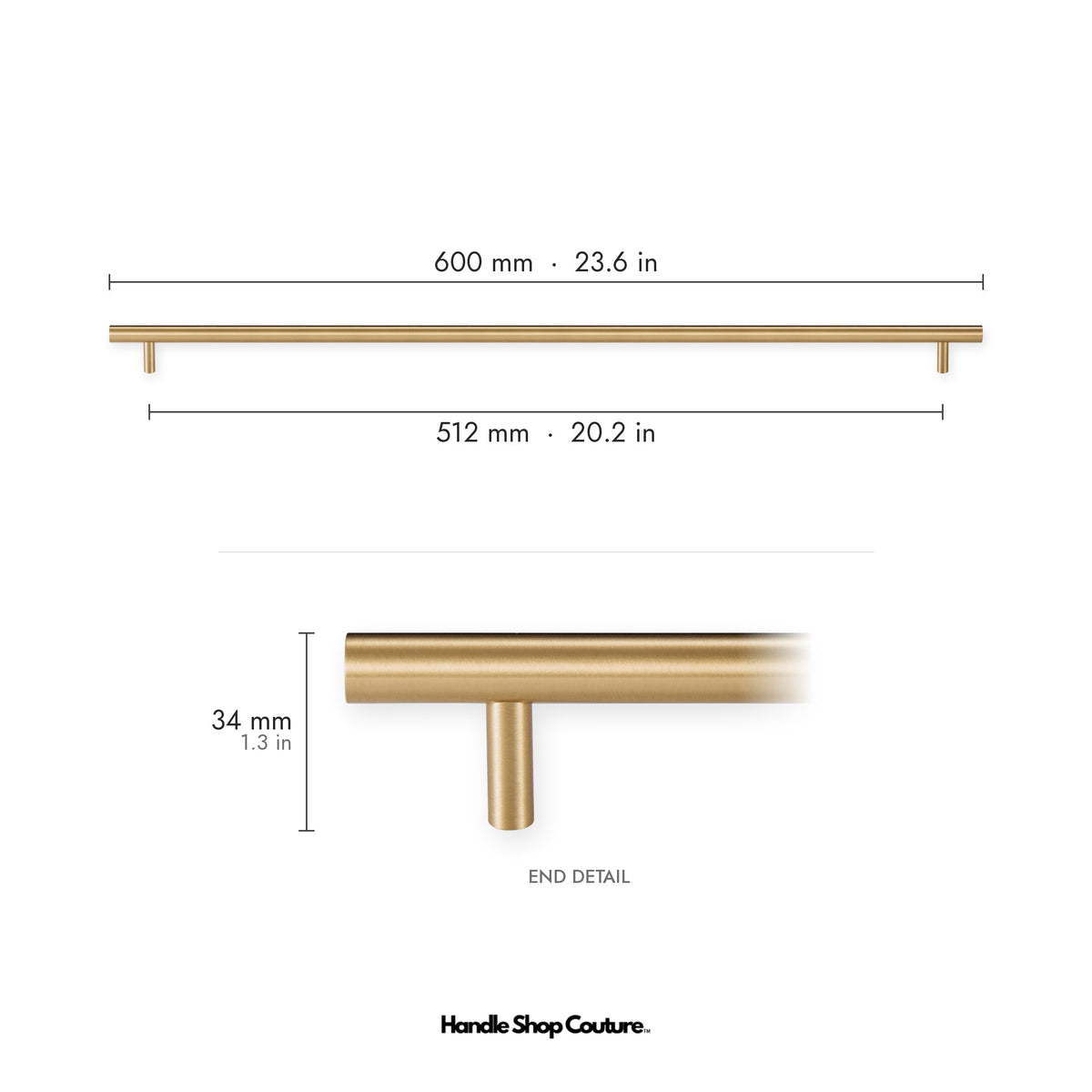 TRACY brass cabinet handle, 600mm long, 512mm hole-to-hole, Satin Brass