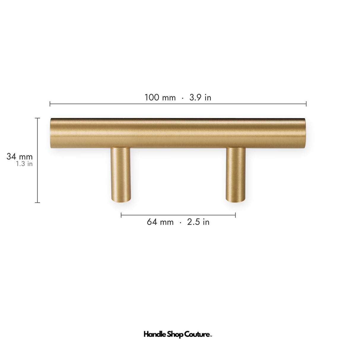 TRACY brass cabinet handle, 100mm long, 64mm hole-to-hole, Satin Brass