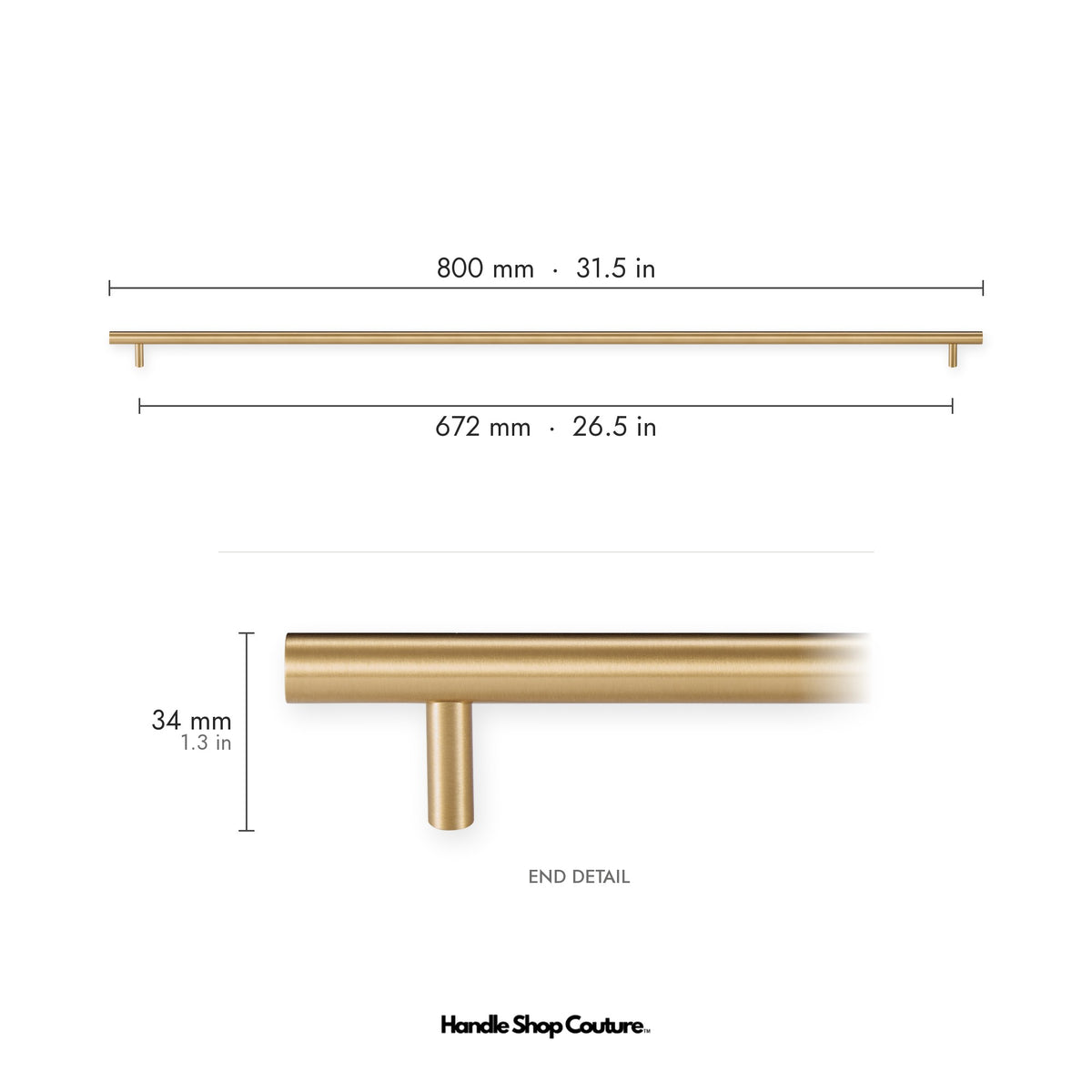 TRACY brass cabinet handle, 800mm long, 672mm hole-to-hole, Satin Brass
