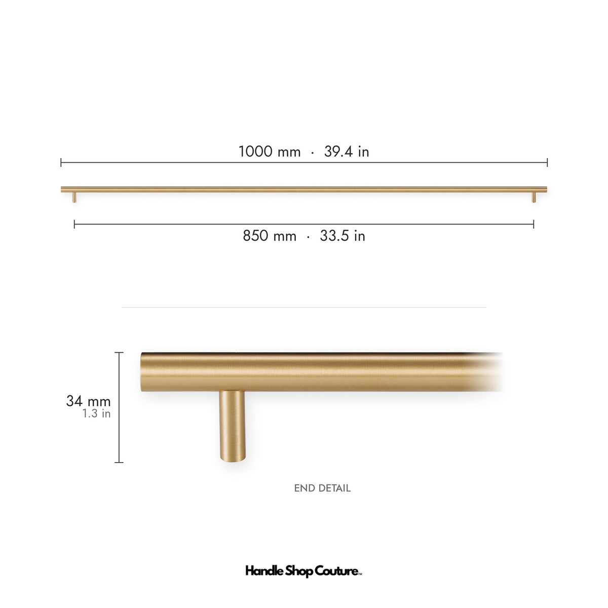 TRACY brass cabinet handle, 1000mm long, 850mm hole-to-hole, Satin Brass